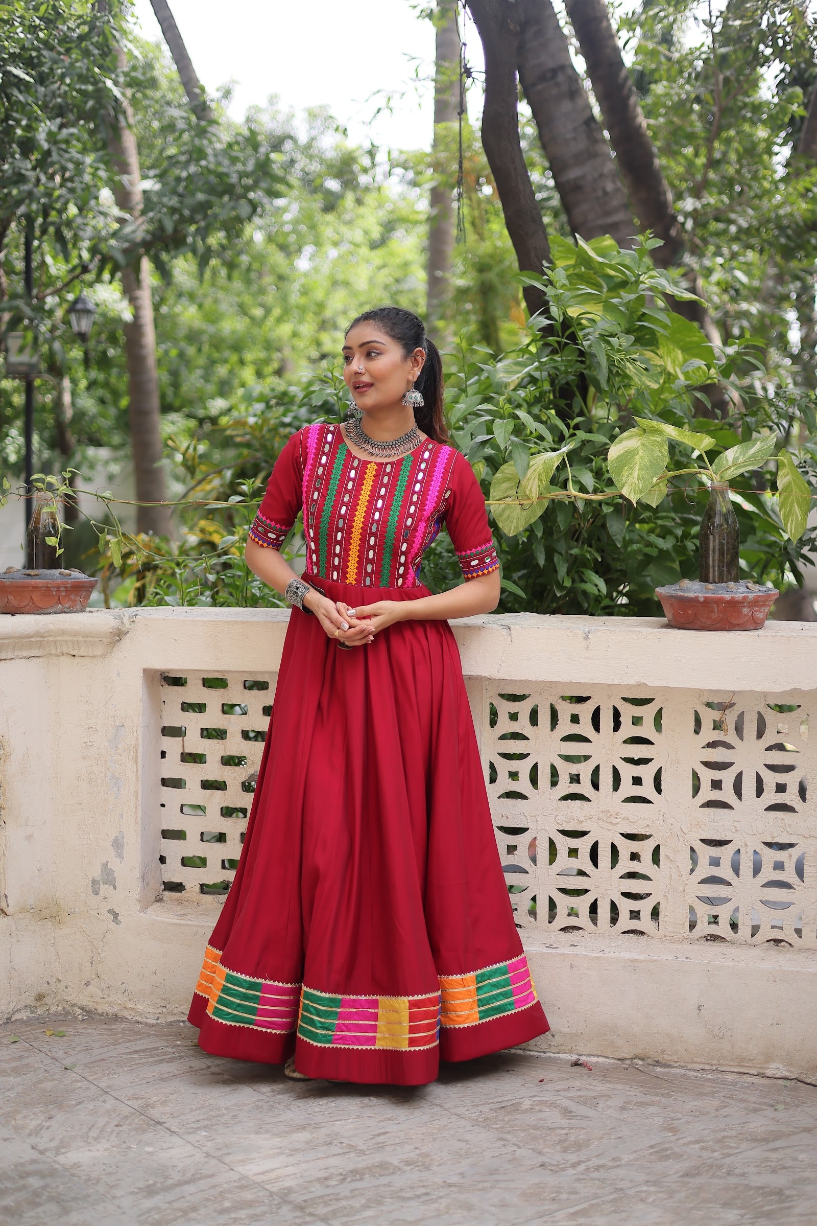 Women's Roman Fabric Gown with Mirror and Thread Work | Half Sleeves | 4 Meter Flared Silhouette | Navratri and Festive Wear--0