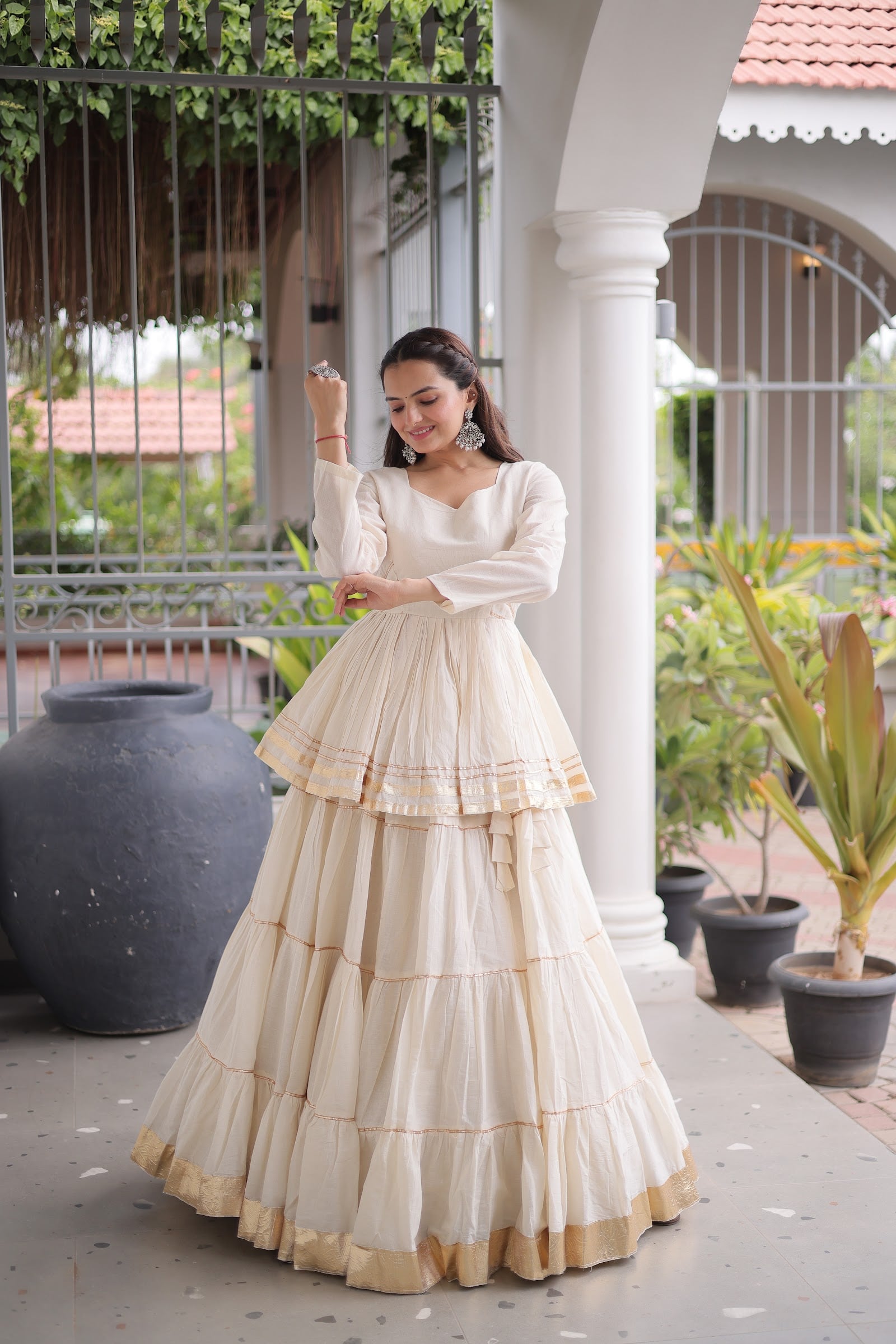 Women's Cotton Lehenga Choli with Peplum Top in Off White