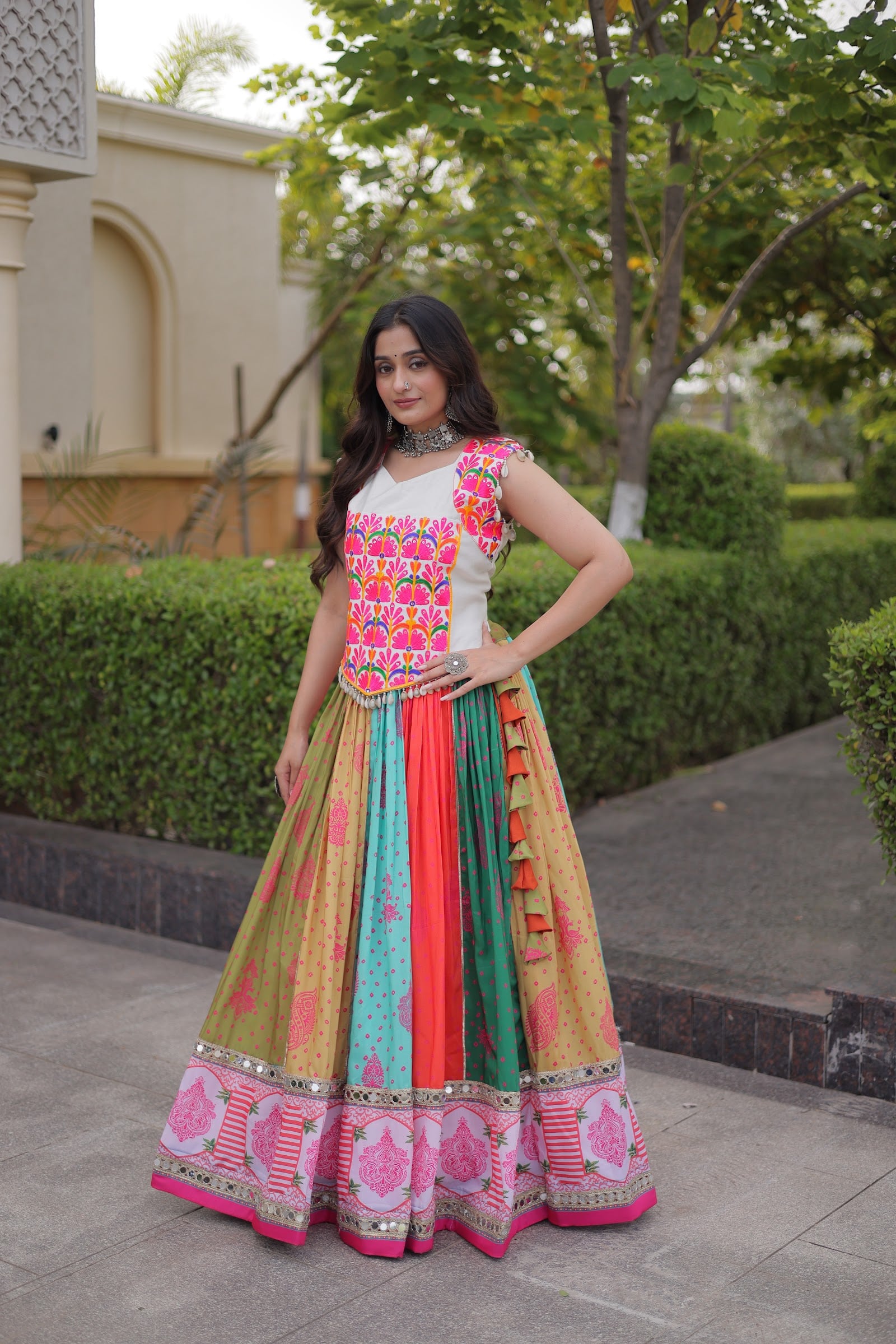Women's Cotton Printed Lehenga Choli with Kutchi Embroidered Blouse in Multicolour