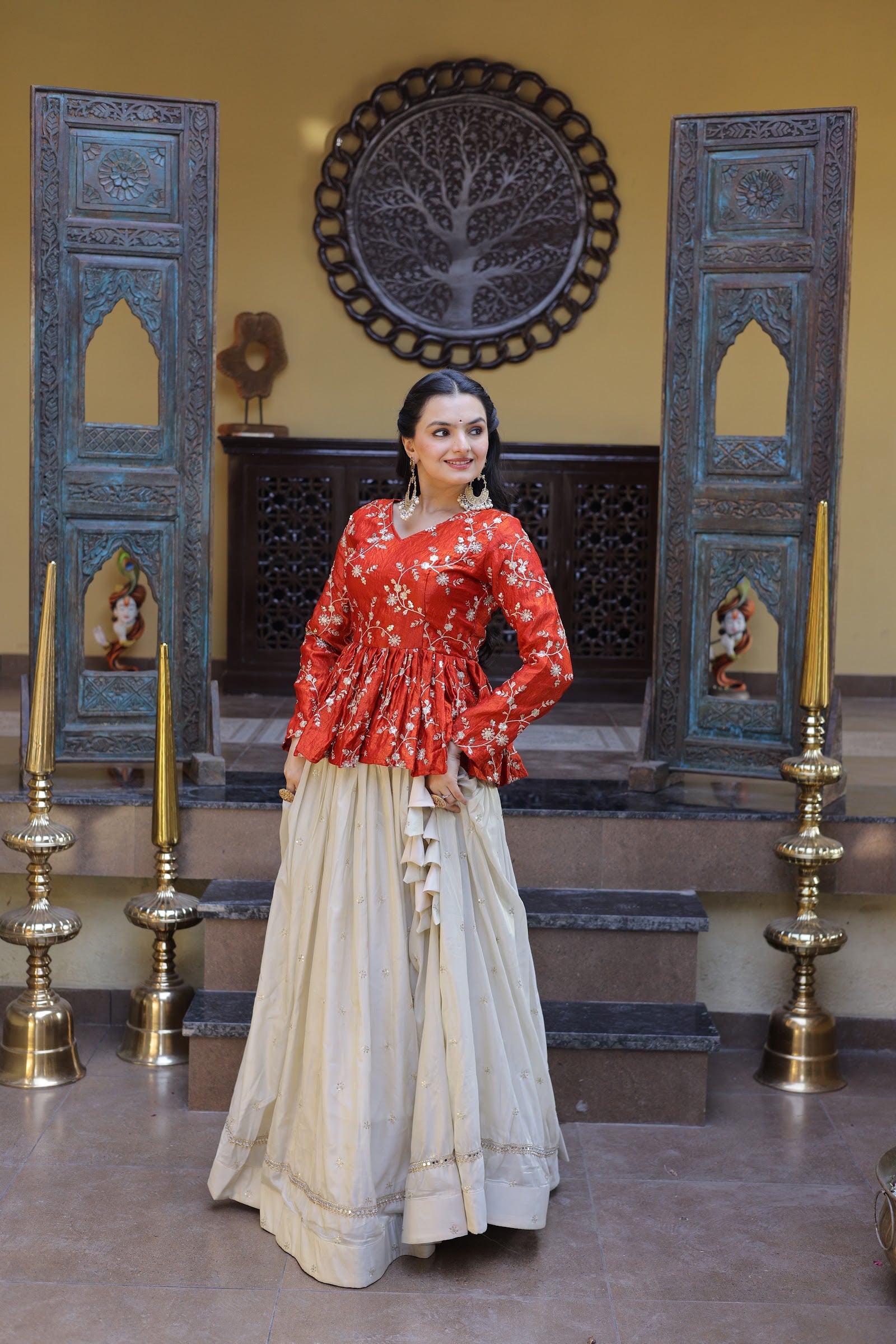 Women's Silk Lehenga Choli with Peplum Top | Sequins Zari Mirror Embroidery | 3.5 Mtr Flair | Festive Party Wear--2