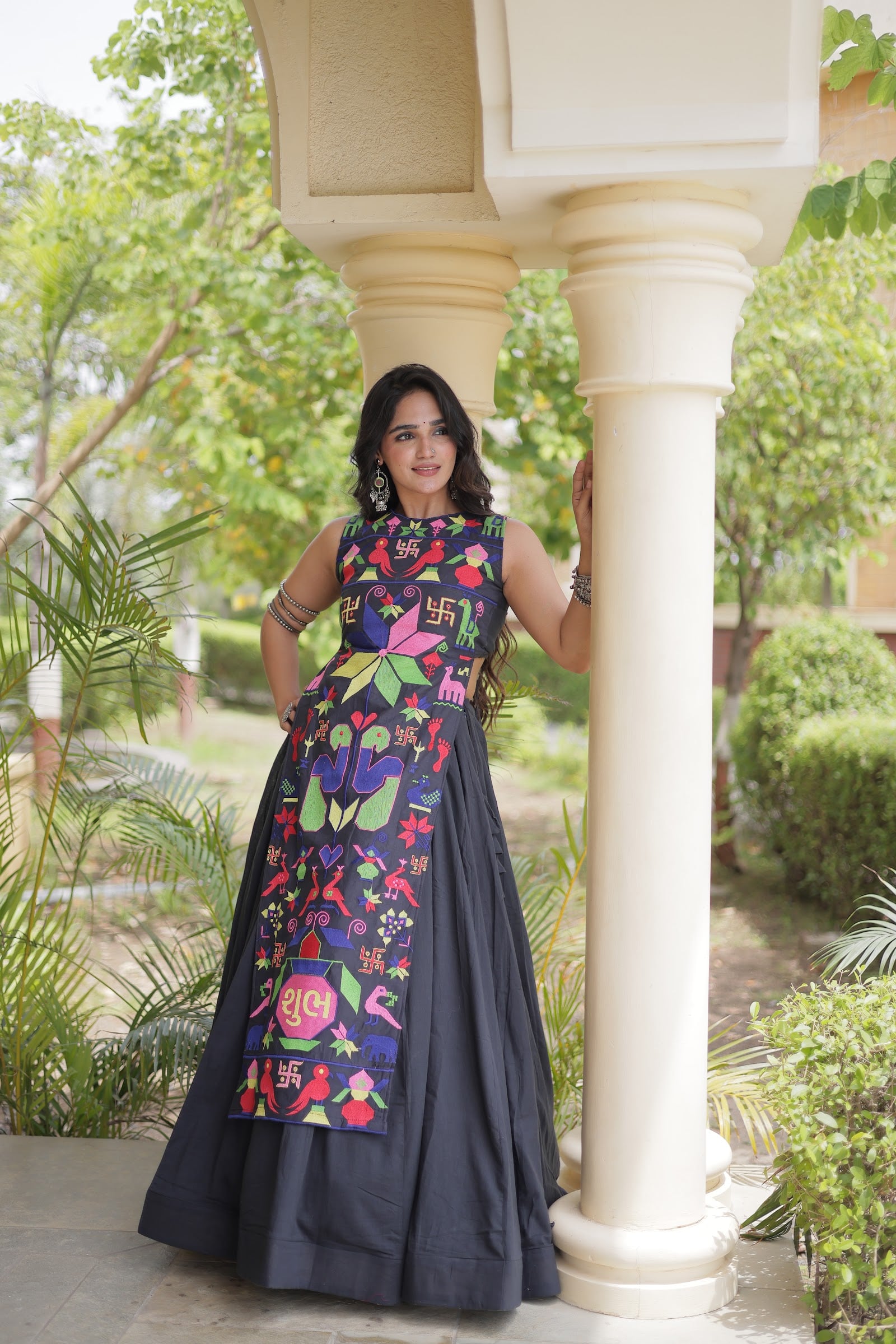 Women's Cotton Lehenga Choli with Long Embroidered Choli in Black — photo 2 of 7