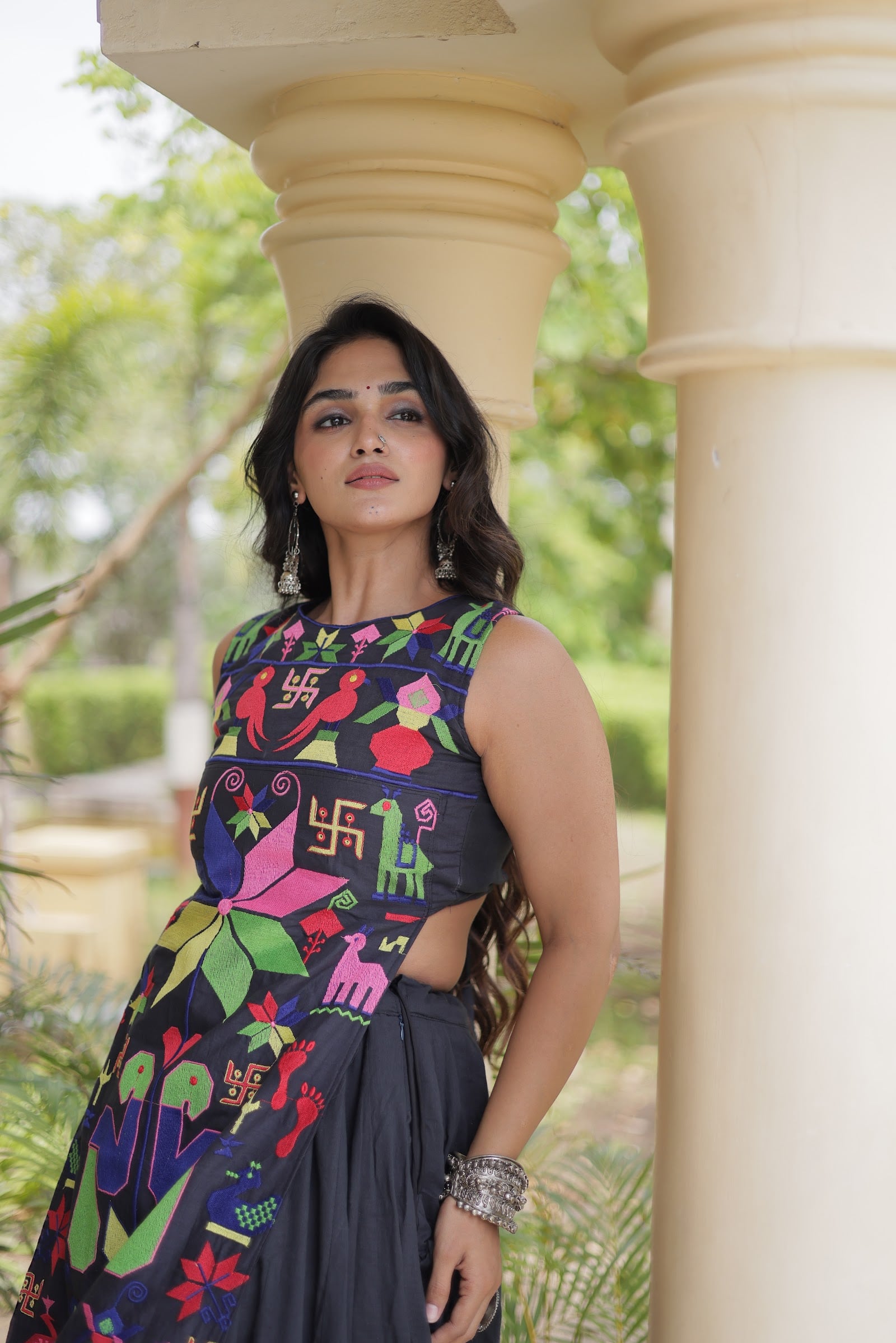 Women's Cotton Lehenga Choli with Long Embroidered Choli in Black — photo 4 of 7