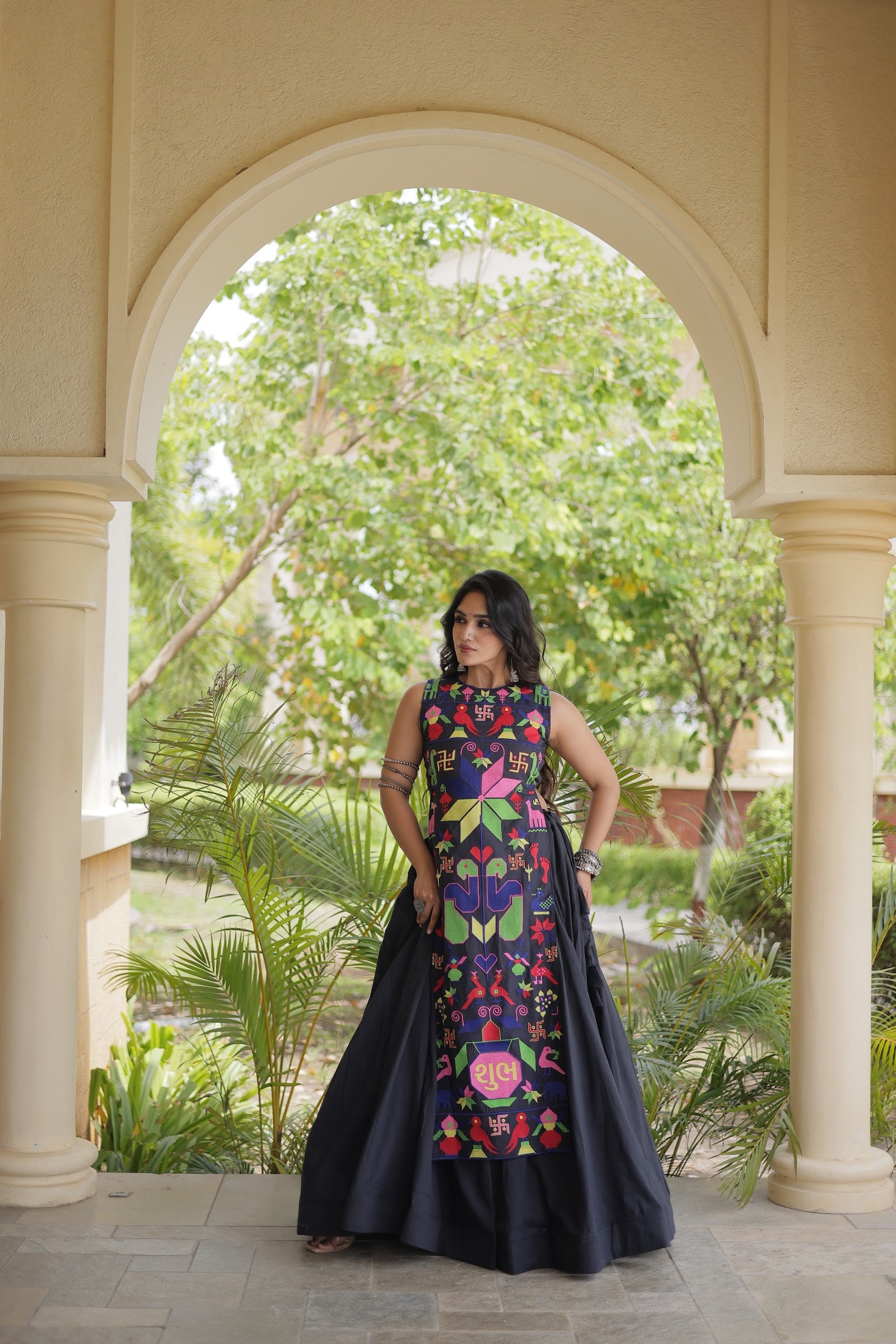 Women's Cotton Lehenga Choli with Long Embroidered Choli in Black — photo 5 of 7