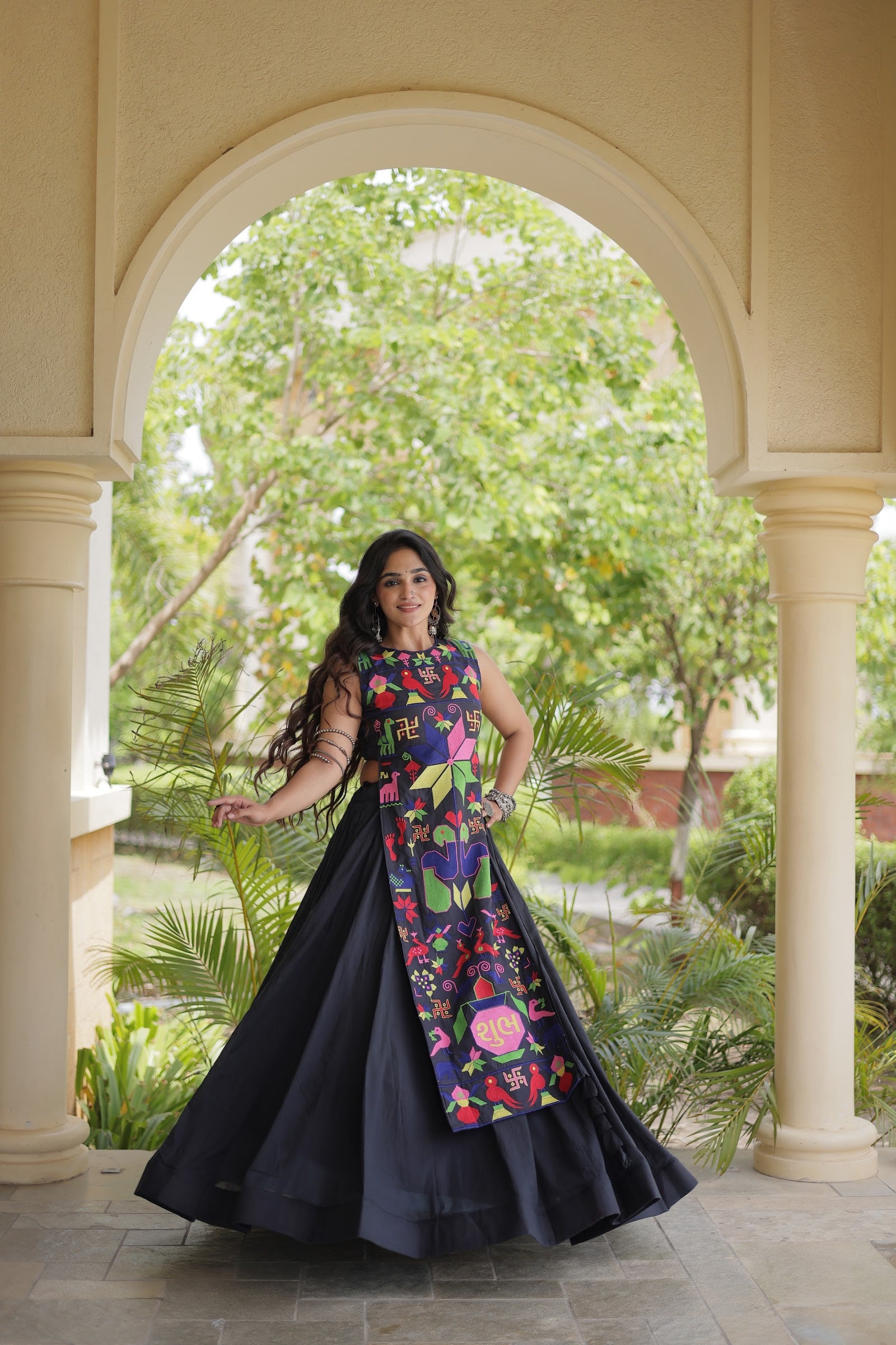 Women's Cotton Lehenga Choli with Long Embroidered Choli in Black — photo 6 of 7