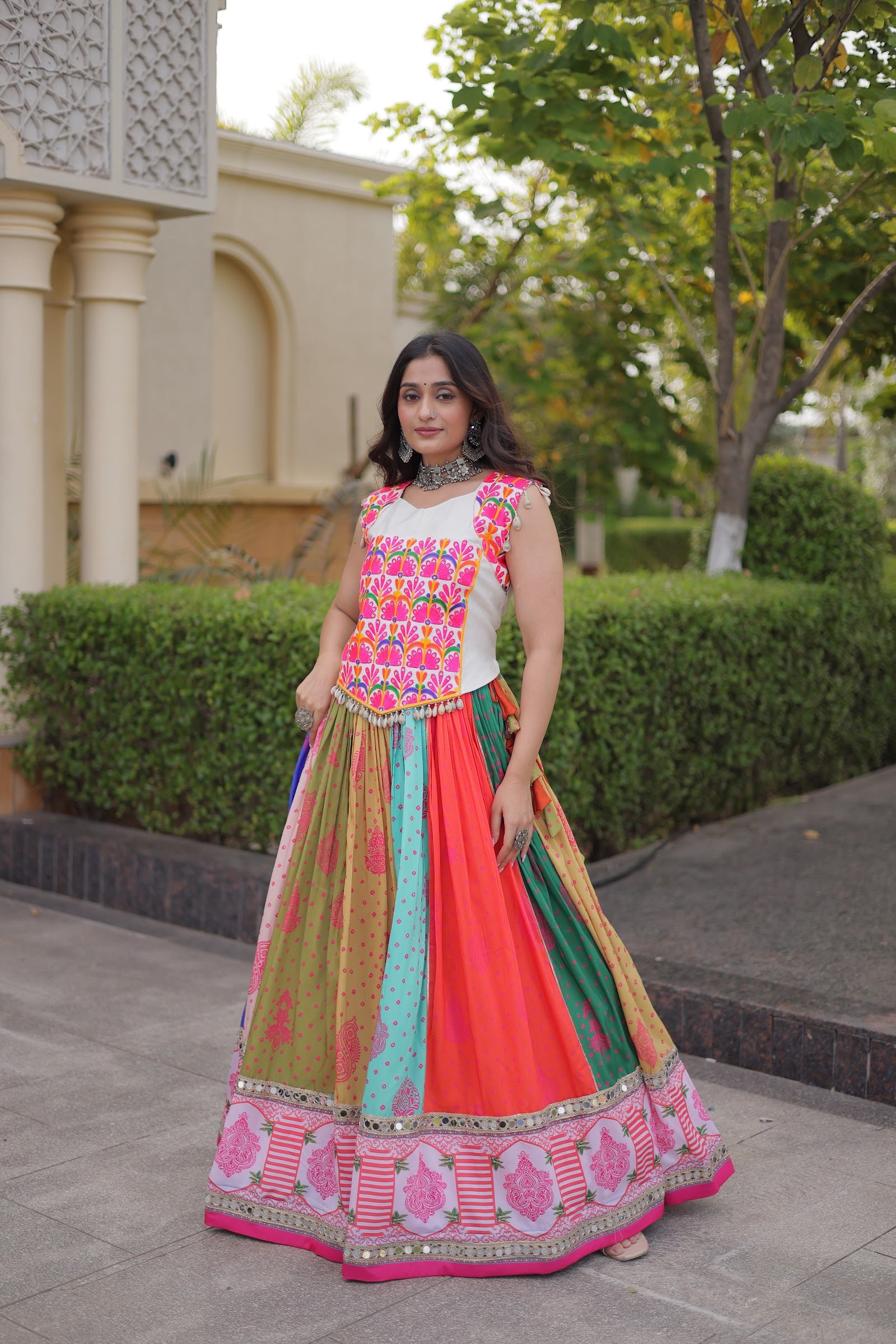 Women's Cotton Printed Lehenga Choli with Kutchi Embroidered Blouse in Multicolour — photo 4 of 8