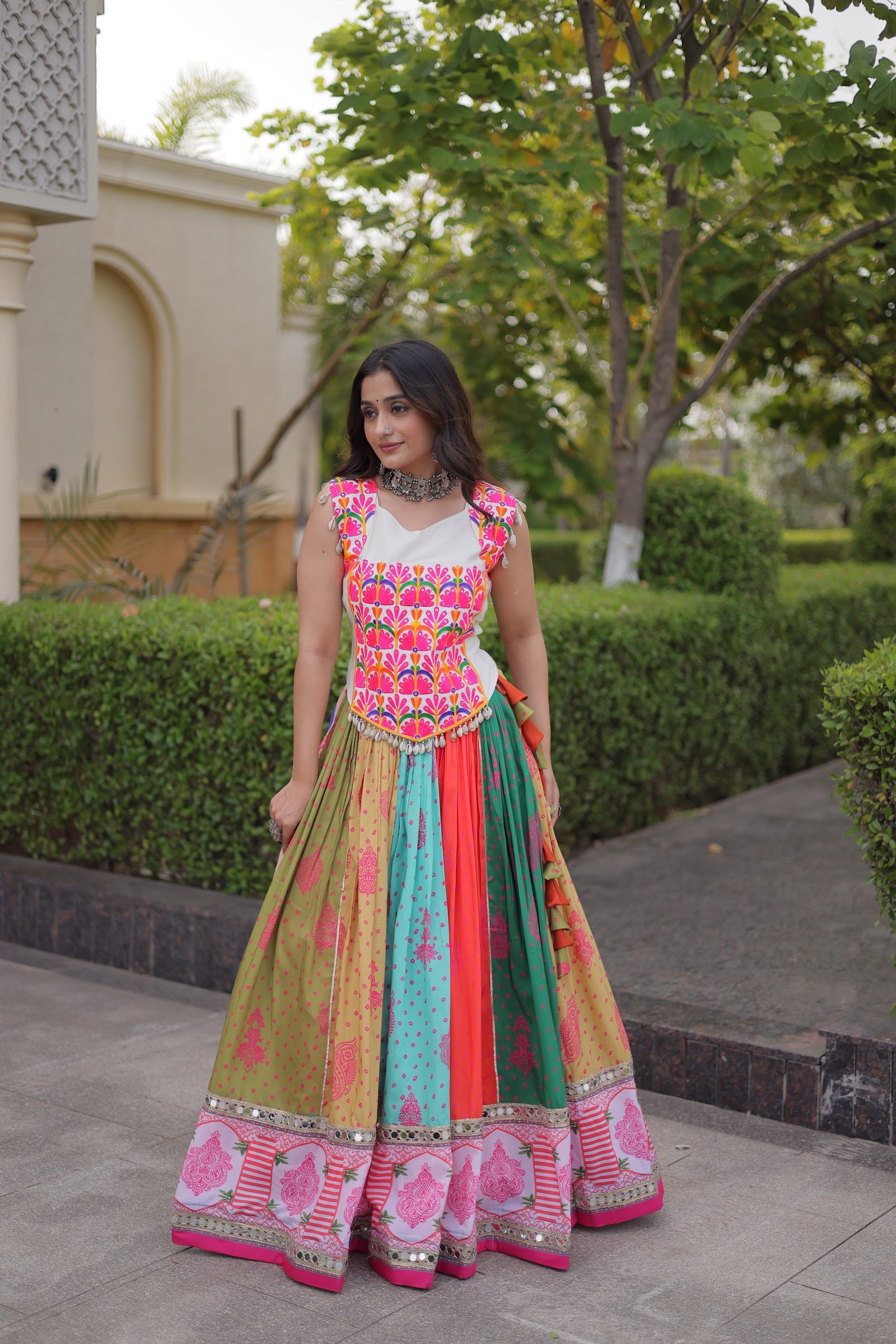 Women's Cotton Printed Lehenga Choli with Kutchi Embroidered Blouse in Multicolour — photo 6 of 8
