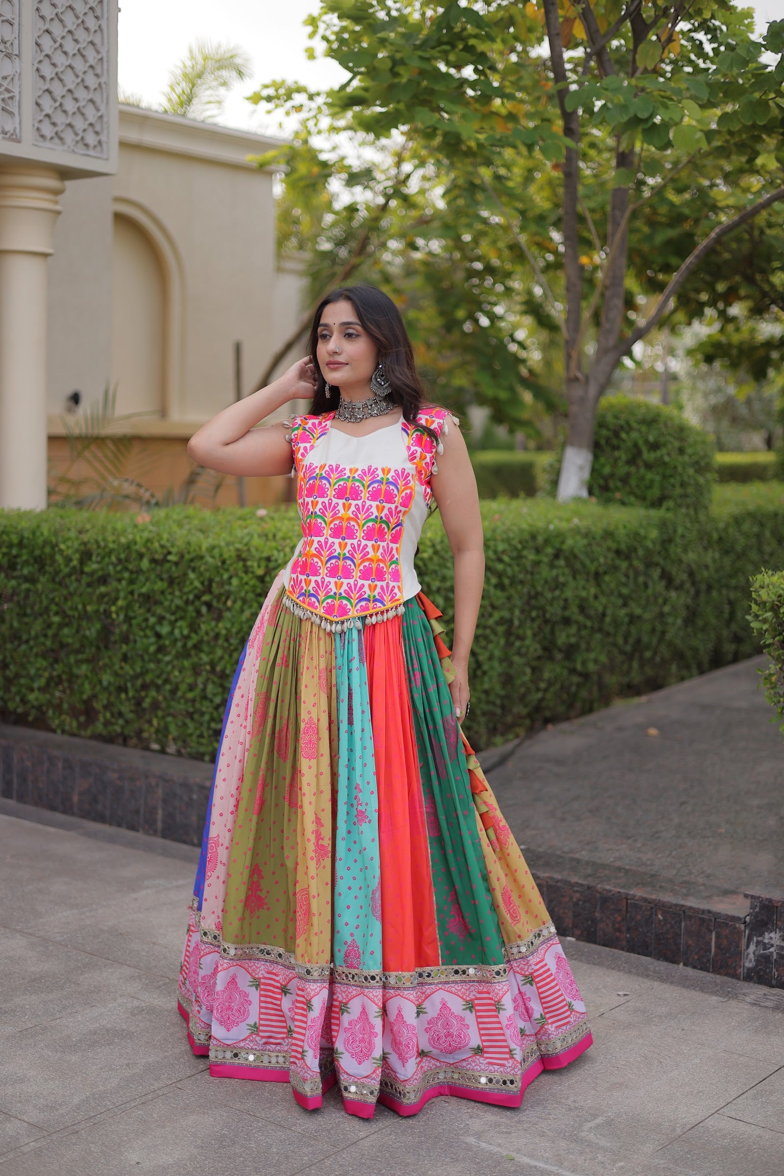 Women's Cotton Printed Lehenga Choli with Kutchi Embroidered Blouse in Multicolour — photo 7 of 8