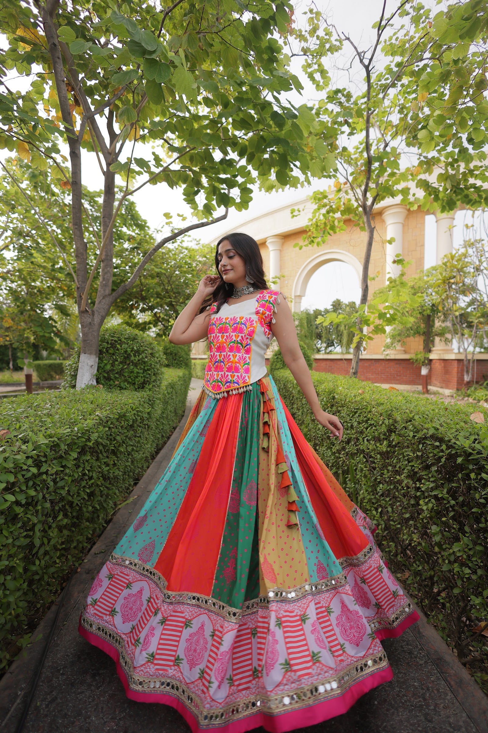 Women's Cotton Printed Lehenga Choli with Kutchi Embroidered Blouse in Multicolour — photo 8 of 8