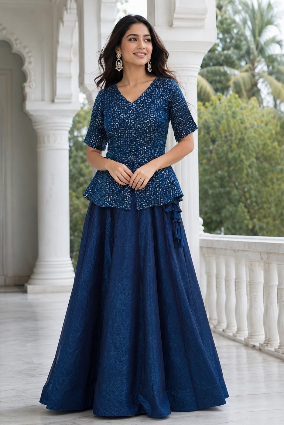 Women's Fendy Satin Lehenga Choli with Sequins Embroidery in Teal — photo 2 of 7