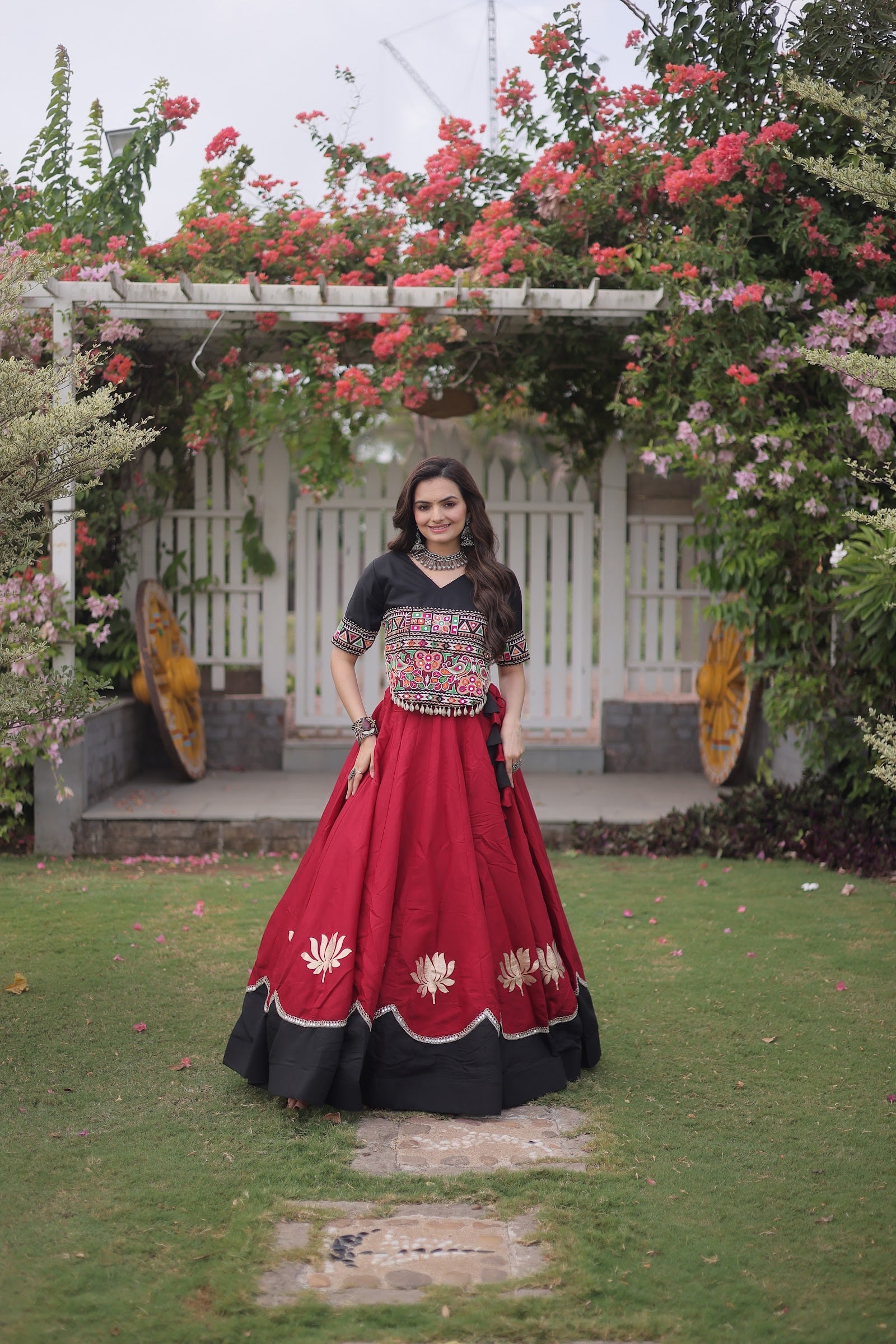 Women's Roman Fabric Navratri Lehenga Choli with Stitched Top in Maroon