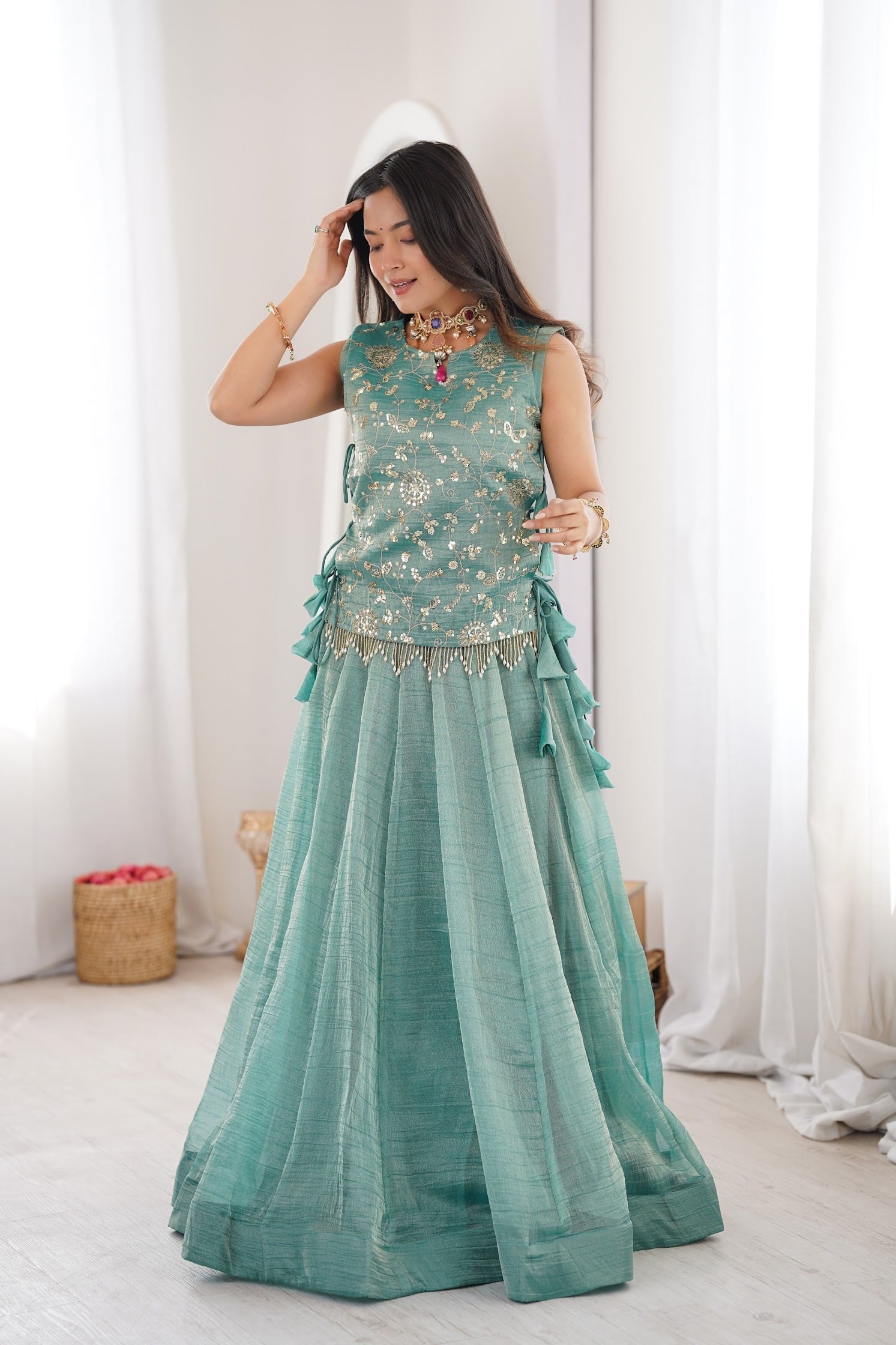 Women's Salsa Crush Lehenga Choli with Embroidered Koti in Sea Green