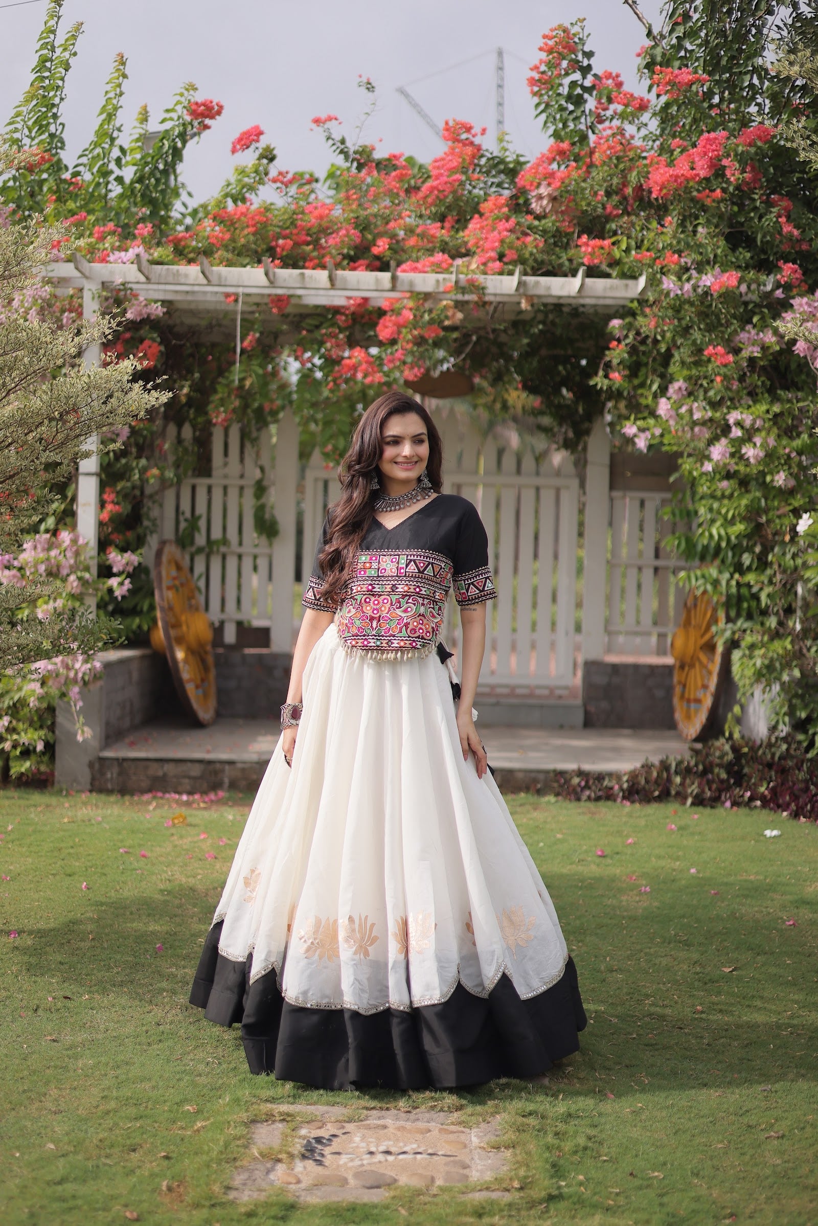 Women's Roman Fabric Navratri Lehenga Choli with Stitched Top in Maroon — photo 2 of 7