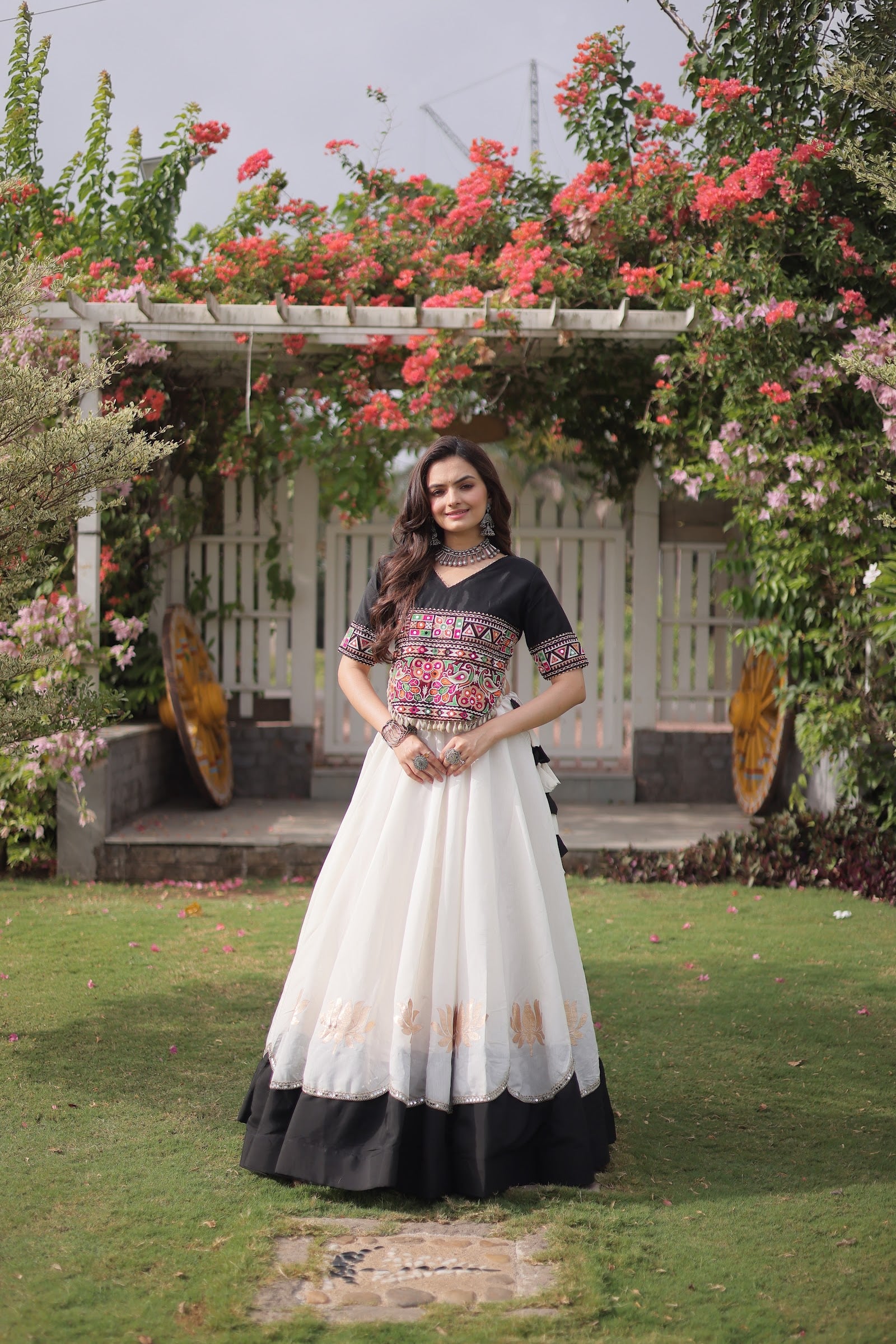 Women's Roman Fabric Navratri Lehenga Choli with Stitched Top in Maroon — photo 3 of 7