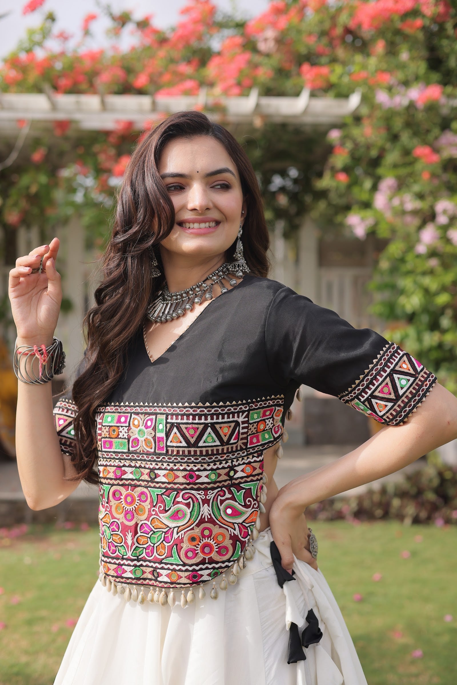 Women's Roman Fabric Navratri Lehenga Choli with Stitched Top in Maroon — photo 4 of 7