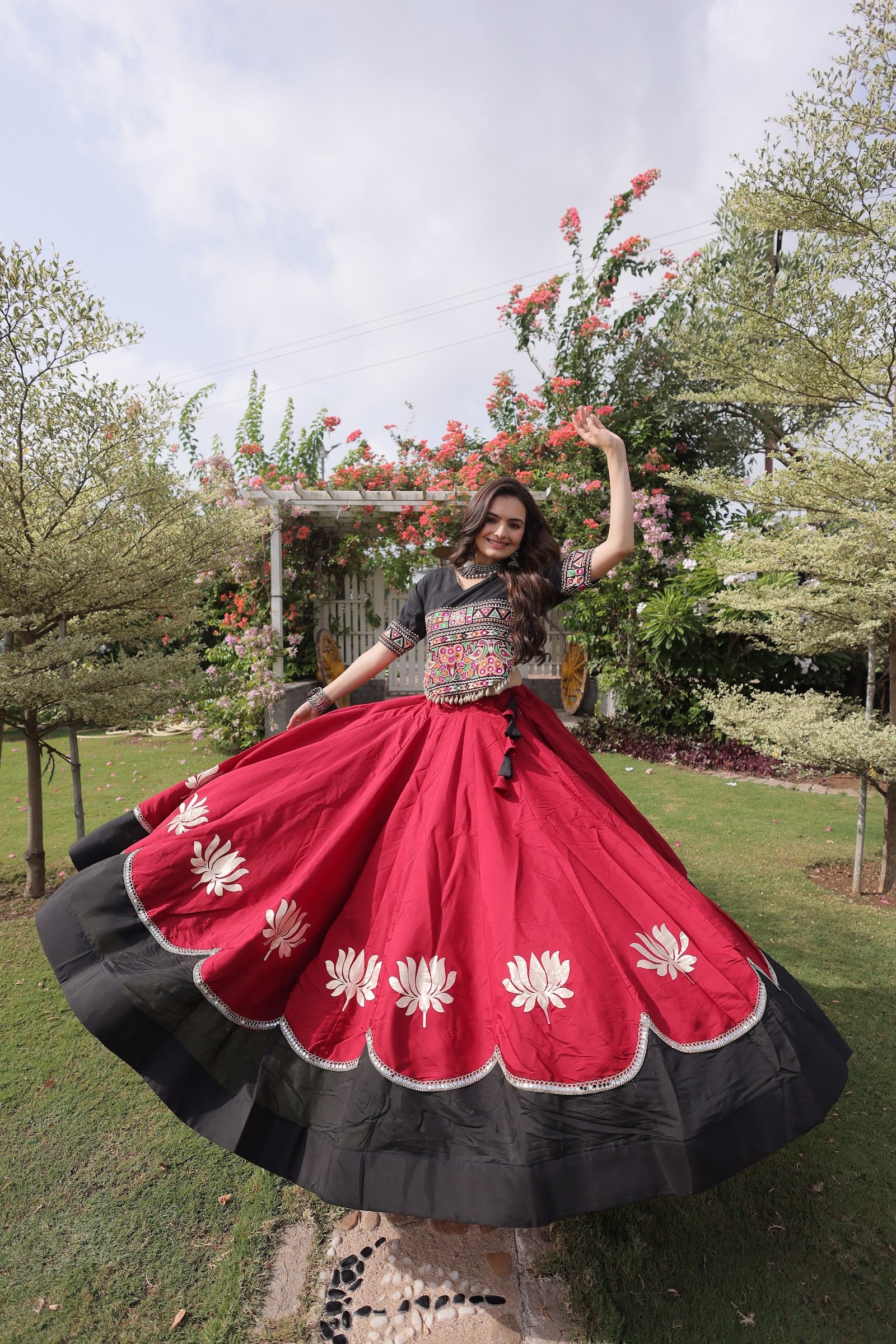 Women's Roman Fabric Navratri Lehenga Choli with Stitched Top in Maroon — photo 6 of 7