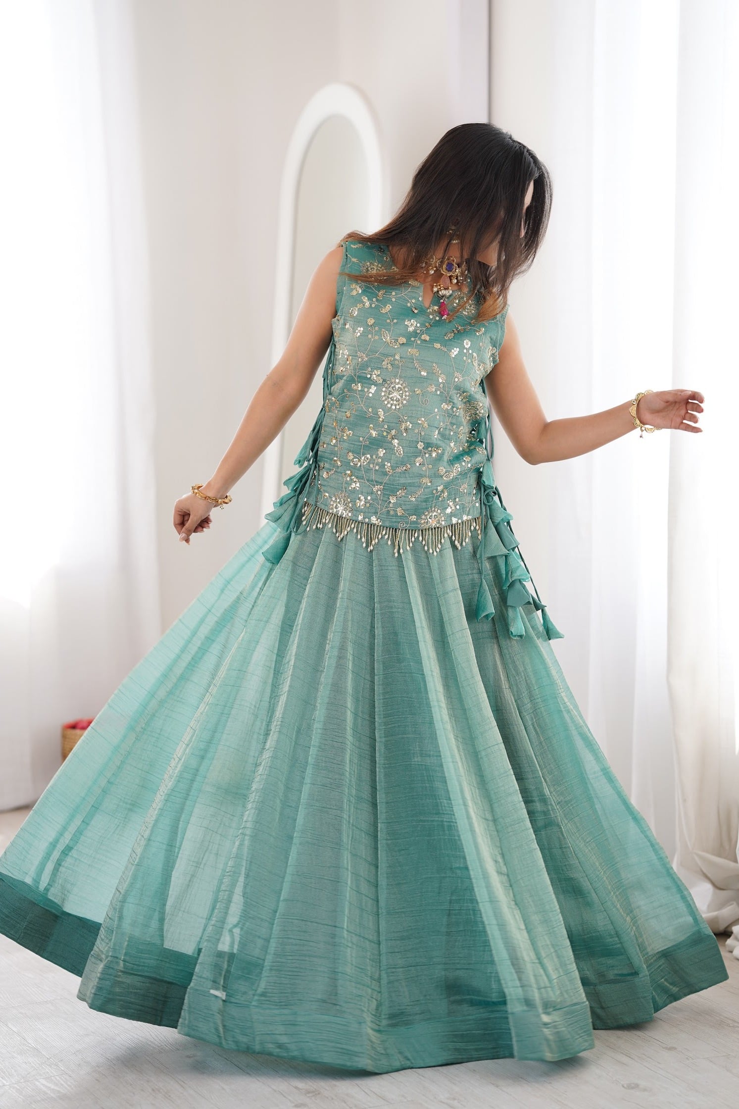 Women's Salsa Crush Lehenga Choli with Embroidered Koti in Sea Green — photo 2 of 6