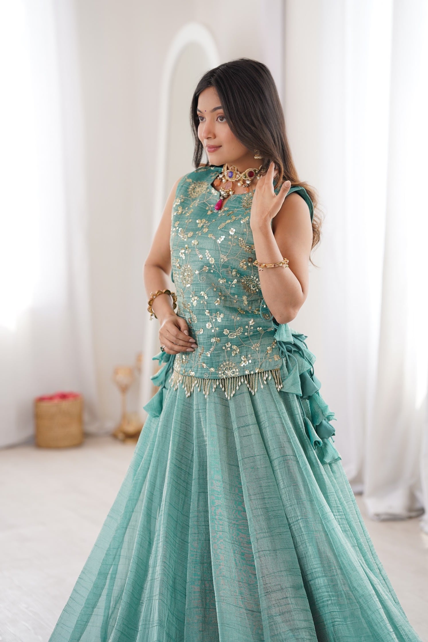 Women's Salsa Crush Lehenga Choli with Embroidered Koti in Sea Green — photo 3 of 6