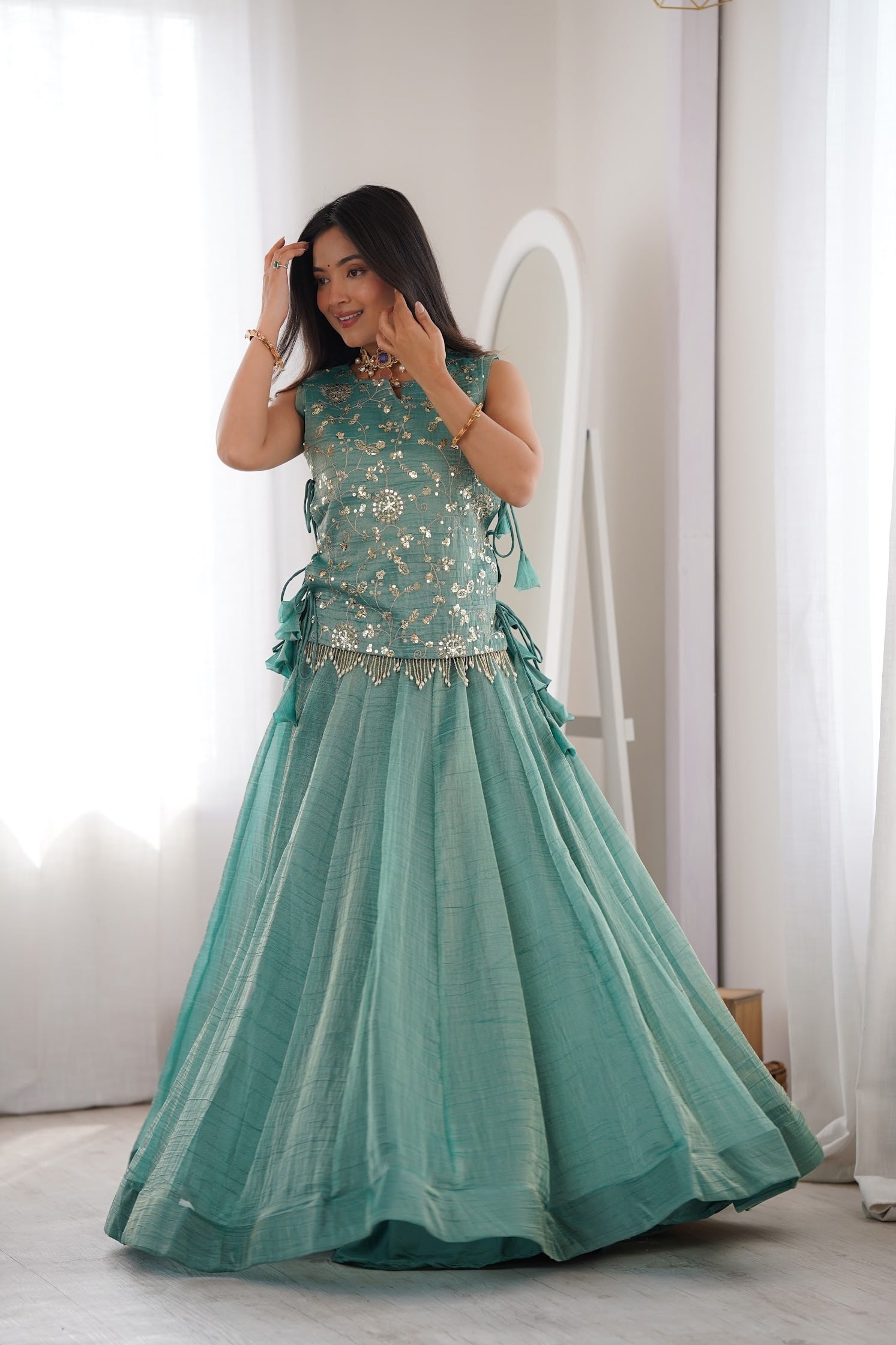 Women's Salsa Crush Lehenga Choli with Embroidered Koti in Sea Green — photo 4 of 6