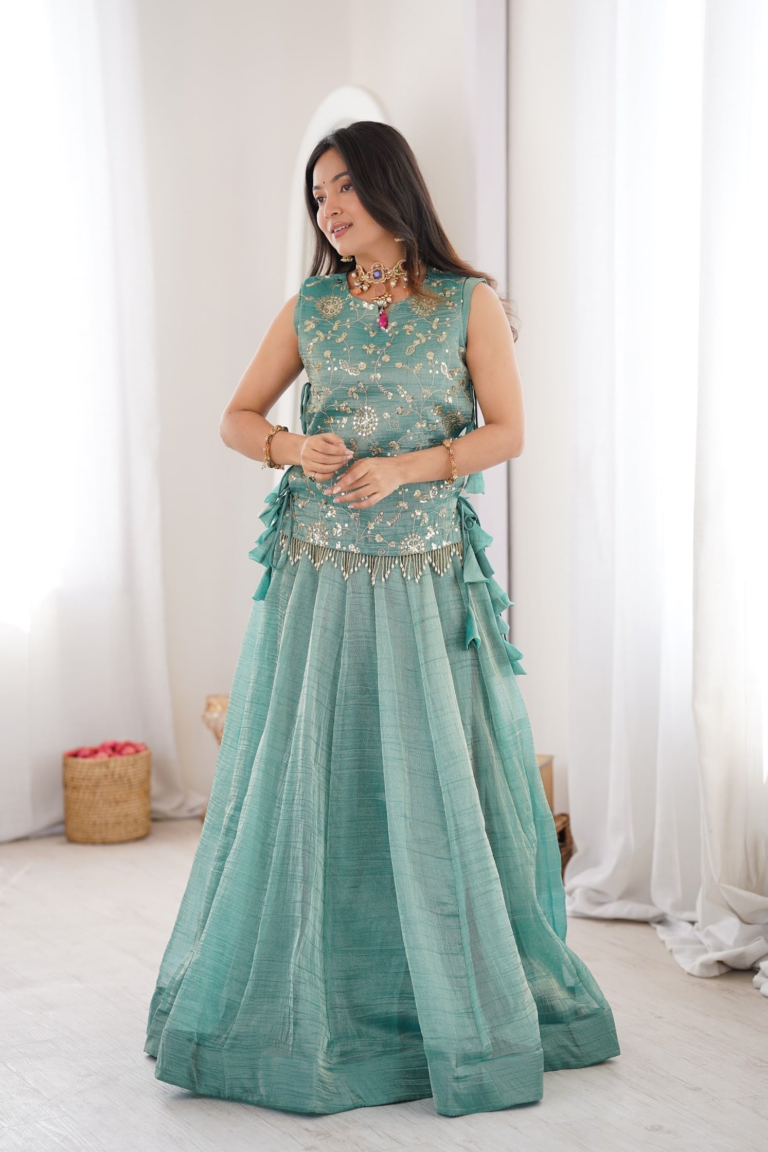 Women's Salsa Crush Lehenga Choli with Embroidered Koti in Sea Green — photo 5 of 6