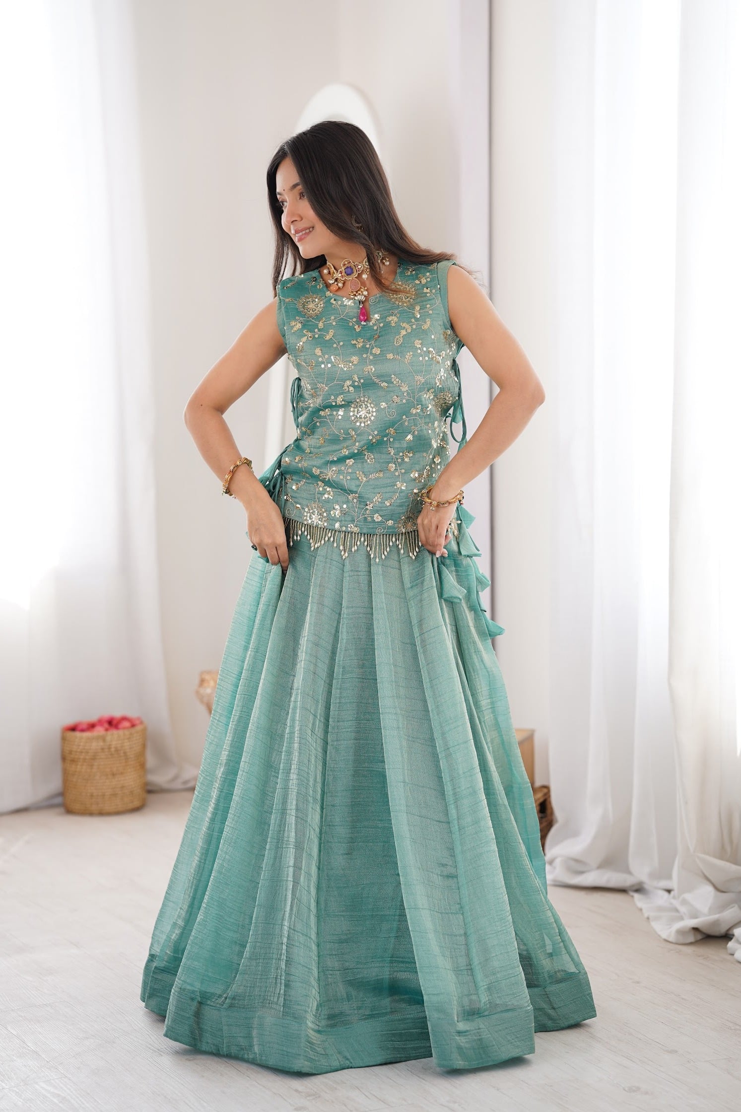 Women's Salsa Crush Lehenga Choli with Embroidered Koti in Sea Green — photo 6 of 6